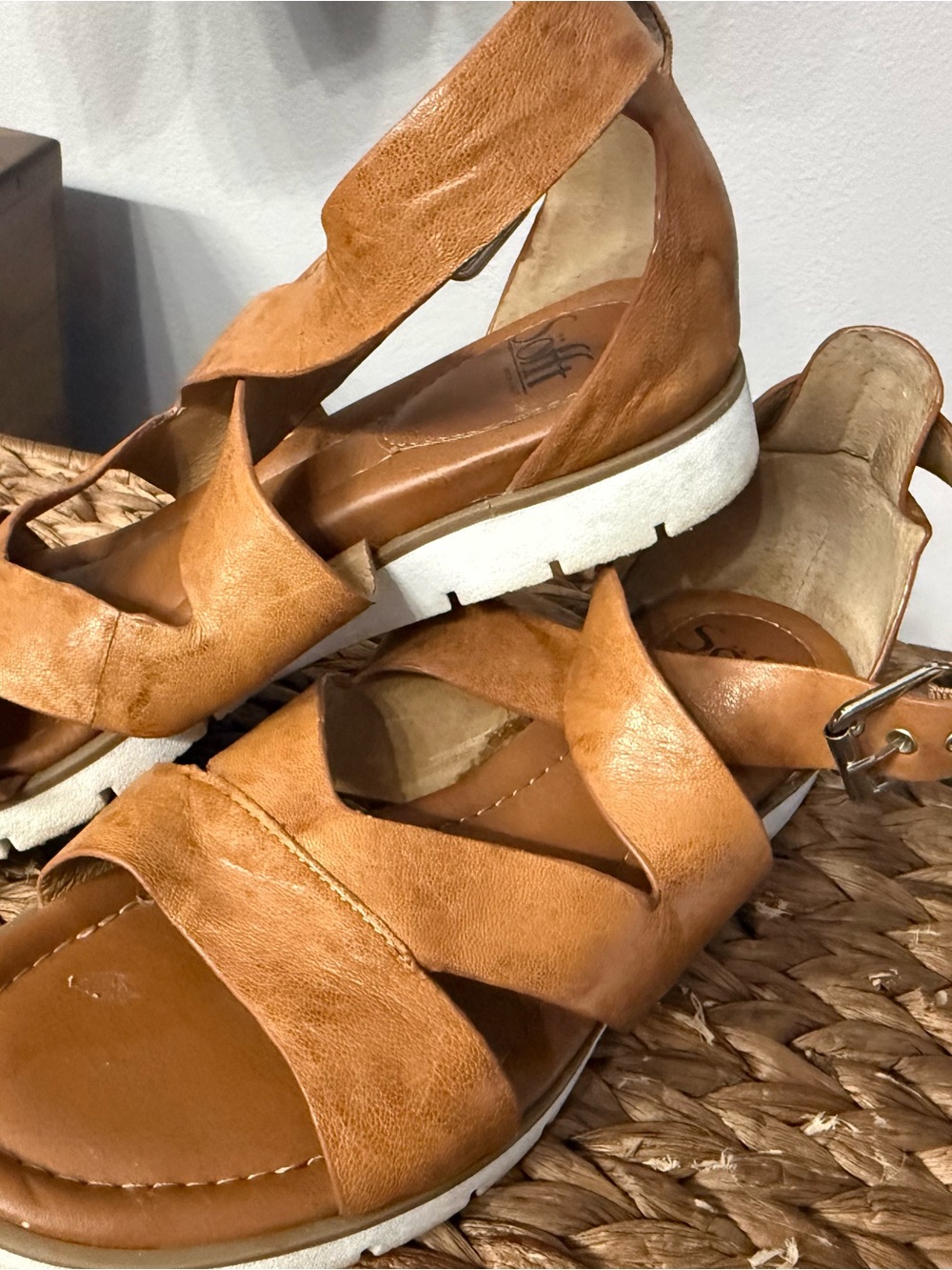 Sofft Tan Leather Crisscross Wedge Sandals